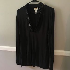 Sequin Trim | Black Long-Sleeve Collared Top